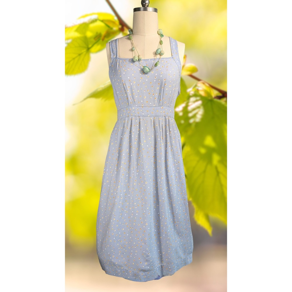 a.n.a Milkmaid dress Cotton Linen blend Blue Floral Square Neck Side Buttons XXL - Picture 2 of 9